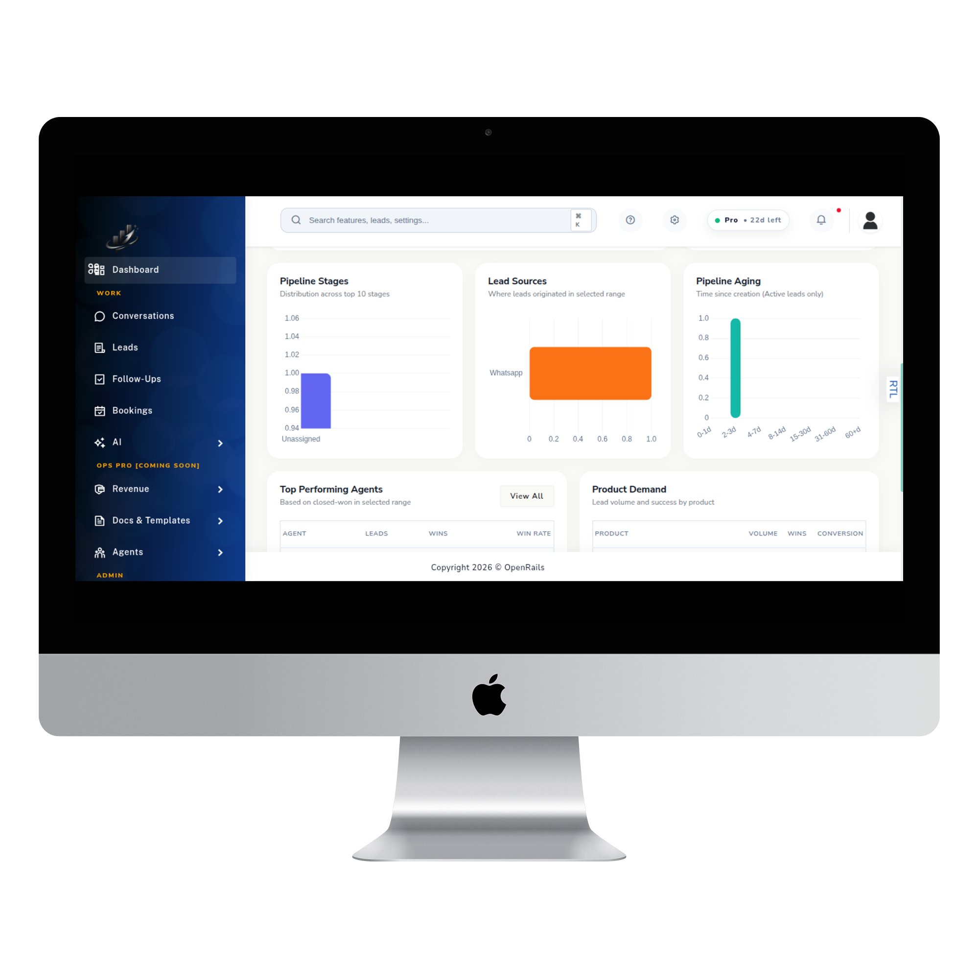 Hey by OpenRails dashboard showing inbox, pipeline, follow-ups, and performance data